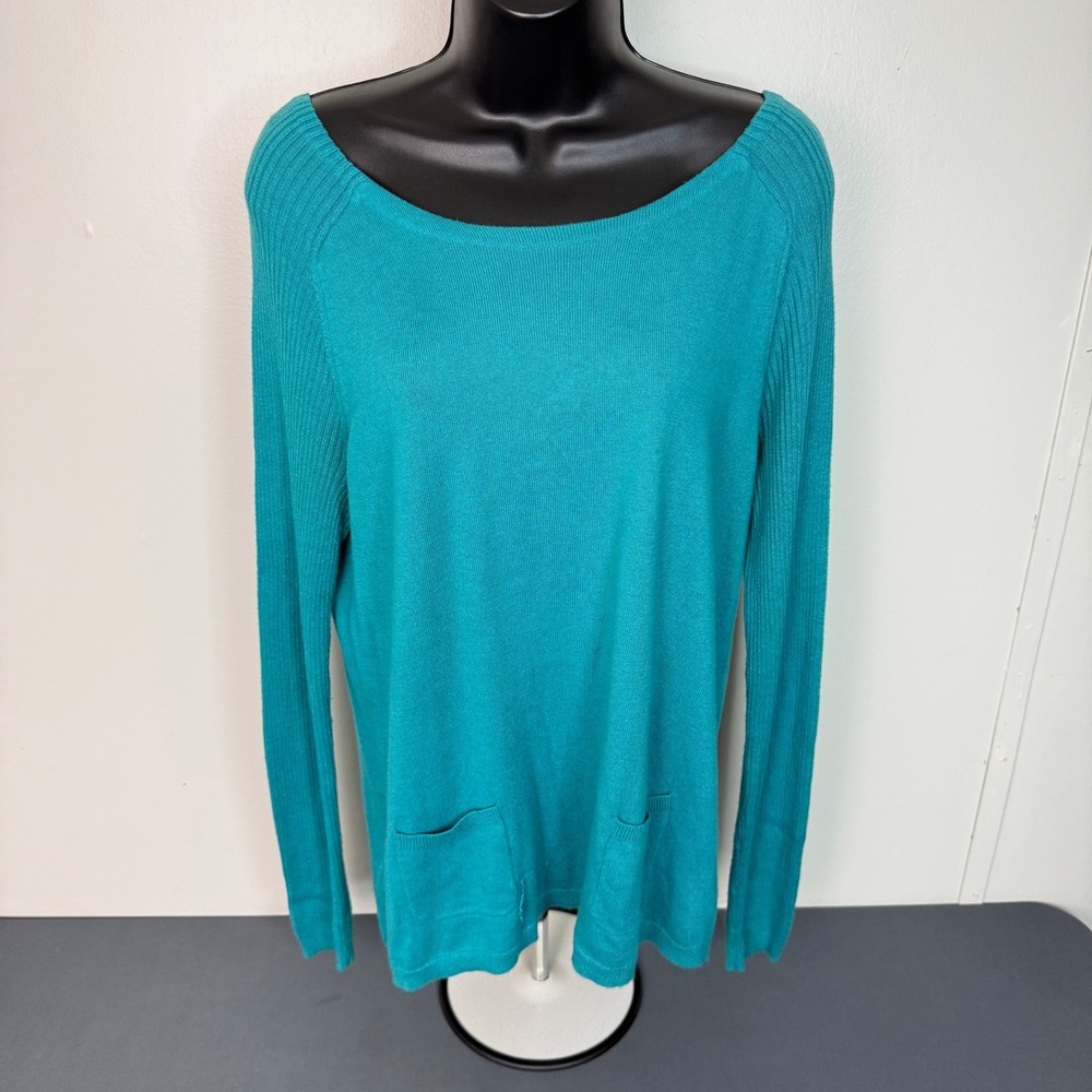 Ann Taylor LOFT Sweater Womens M Teal Blue Back Zip Ribbed Sleeve Pocketed Knit
